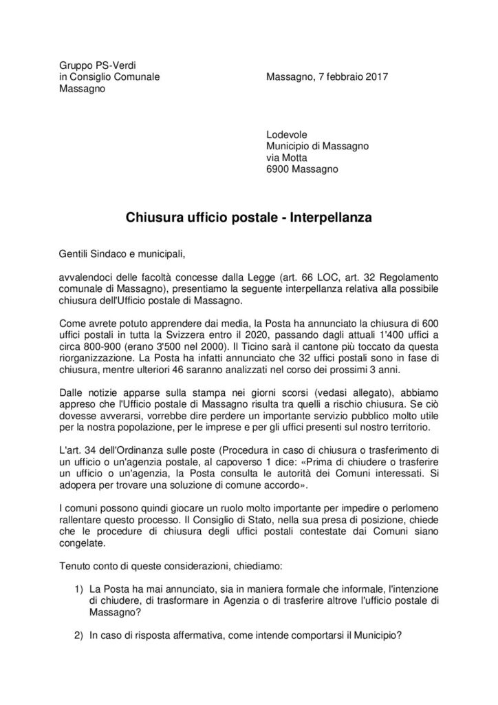 2017.02.07 - Interpellanza chiusura ufficio postale