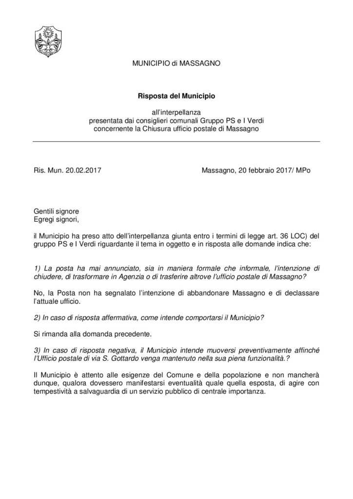 2017.02.20 - Interpellanza chiusura ufficio postale - Risposta