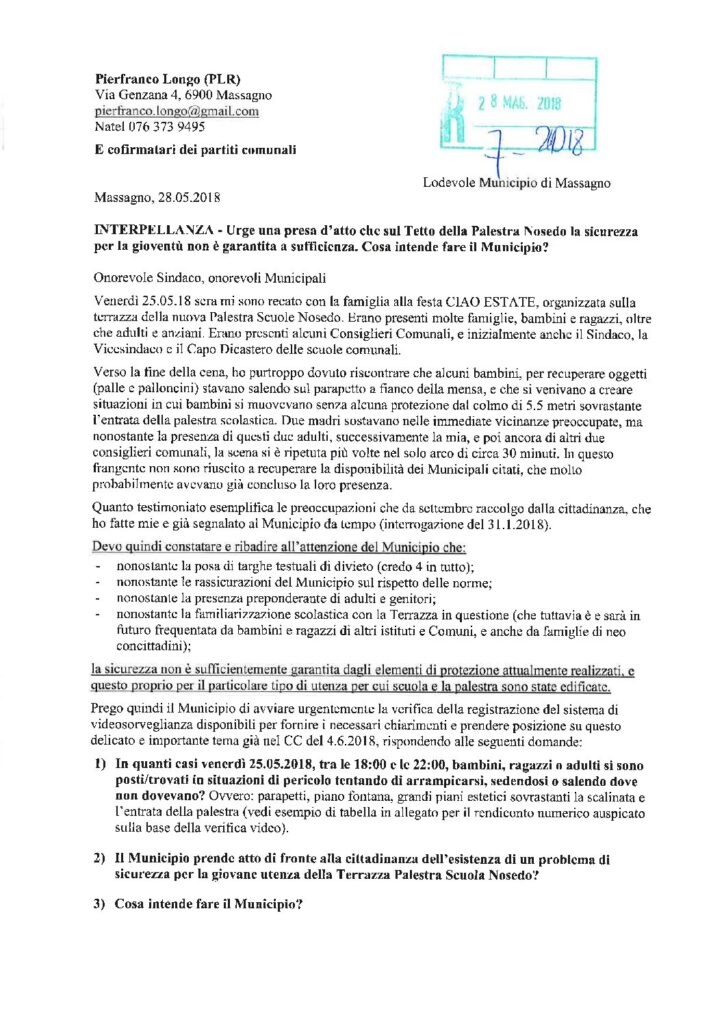 2018.05.28 - Interpellanza sicurezza tetto palestra Nosedo