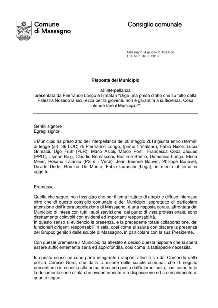 2018.06.04 - Interpellanza sicurezza tetto palestra Nosedo - Risposta