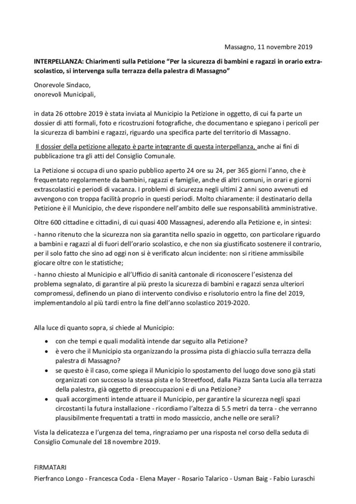 2019.11.11 - Interpellanza sicurezza tetto palestra Nosedo