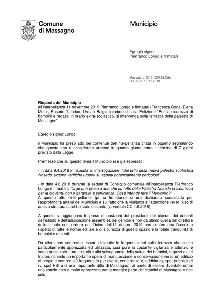 2019.11.20 - Interpellanza sicurezza tetto palestra Nosedo - Risposta