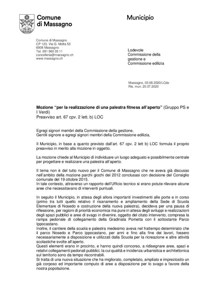 2020.08.03 - Mozione per realizzazione di una palestra fitness all'aperto - Preavviso