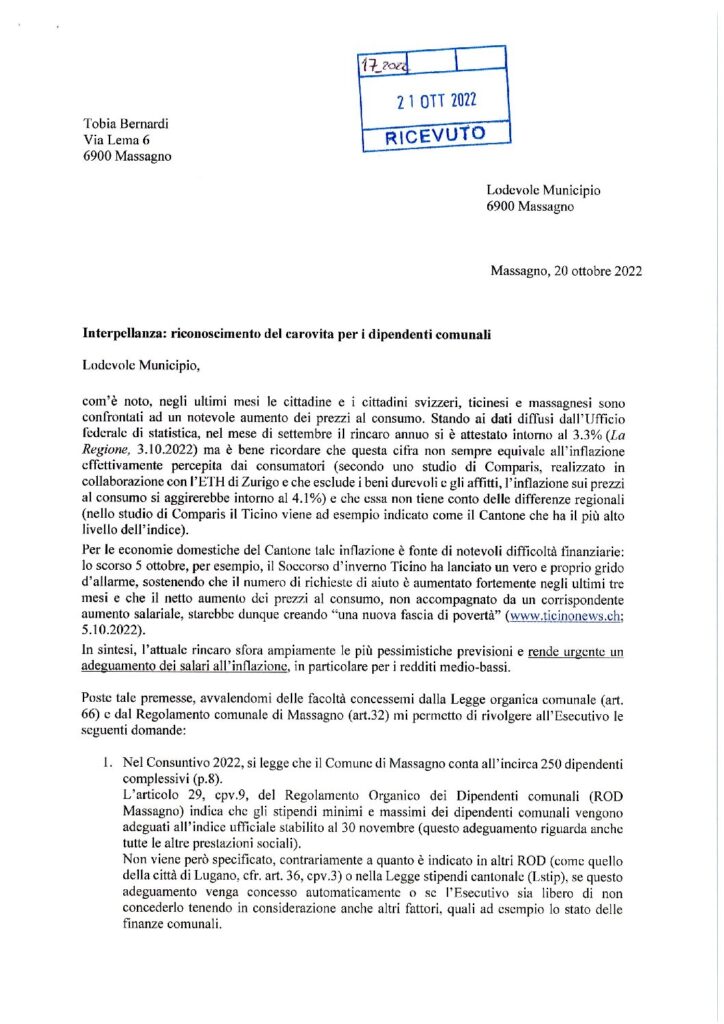 2022.10.20 - Interpellanza riconoscimento caro vita dipendenti comunali