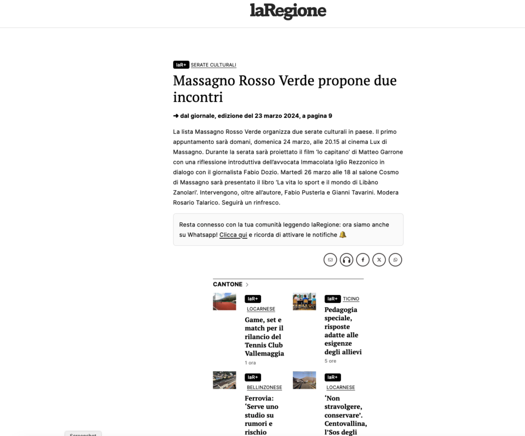 Massagno Rosso Verde propone due inviti - La Regione, 23 marzo 2024