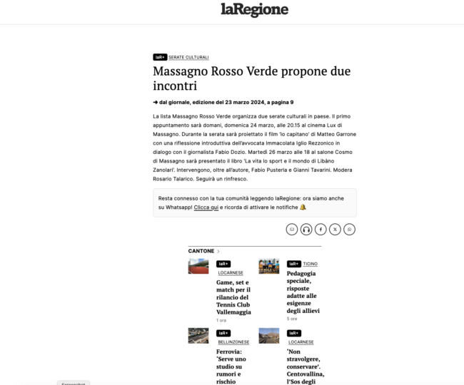 la-regione-2024-03-23 Massagno Rosso Verde propone due inviti - La Regione, 23 marzo 2024